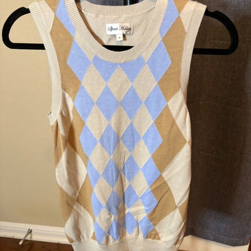 Sport Haley argyle knit sweater vest in beige, blue, and tan